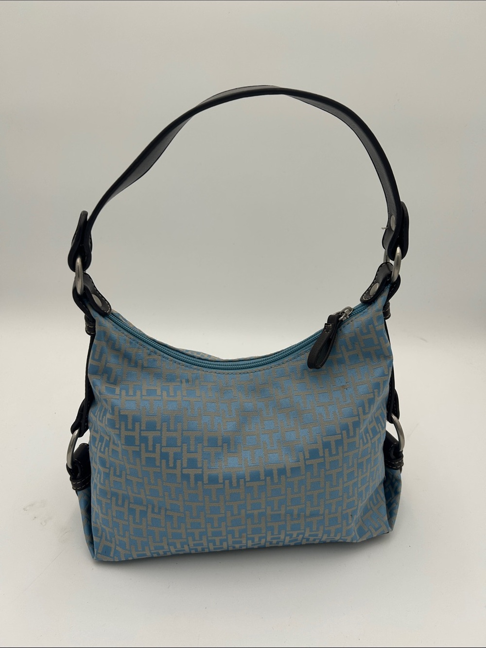 Y2K Tommy Hilfiger TH Monogram Jacquard Mini Hobo Bag Purse Retro Chic Blue Tan